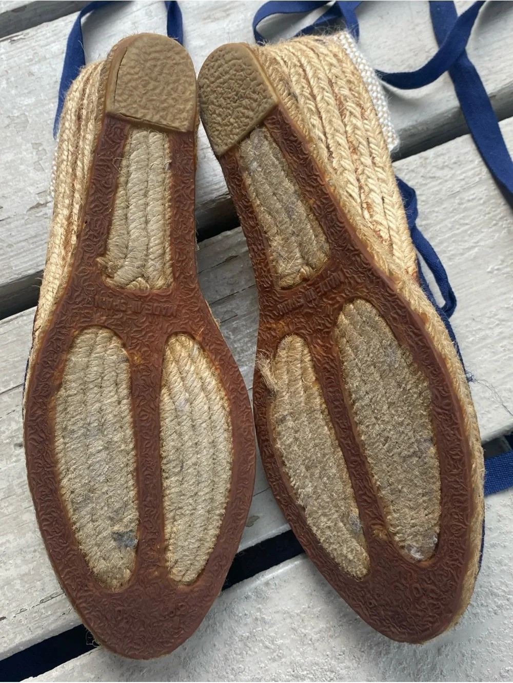 Vintage Apostrophe Navy Blue Espadrille Wedges Ankle Tie Canvas Sandals 9M Spain